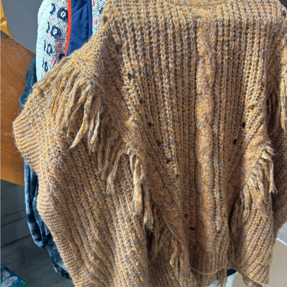 Anthropologie Rust-Brown Cable Fringe Poncho - Picture 5 of 6